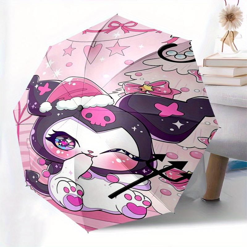 Kuromi Automatic Folding Umbrella-Simple 8-Rib Design, Bright Cartoon Pattern, Durable Iron Frame, Suitable For Travel, Outdoor, Beach-Cute