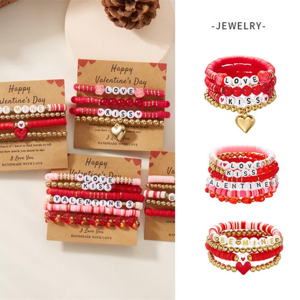 New “LOVE” Pink Heart-shaped Pendant Beaded Elastic Multi-layered Layered Bracelets for Women Girl Valentine's Day Gift Jewelry