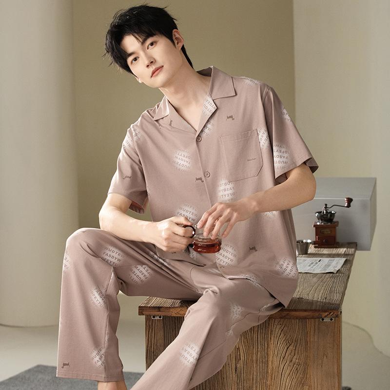 Pajamas Men's Summer Cotton Short Sleeve Pants Set Thin Men's Large Size High-end Fashion Alphabet Homewear