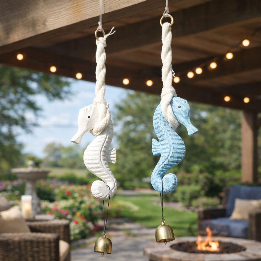 Rustic Style Seahorse Wind Chime Hand Carved Mediterranean Car Seahorse Hanger Marine Themed Handcrafted Wooden Door Chimes