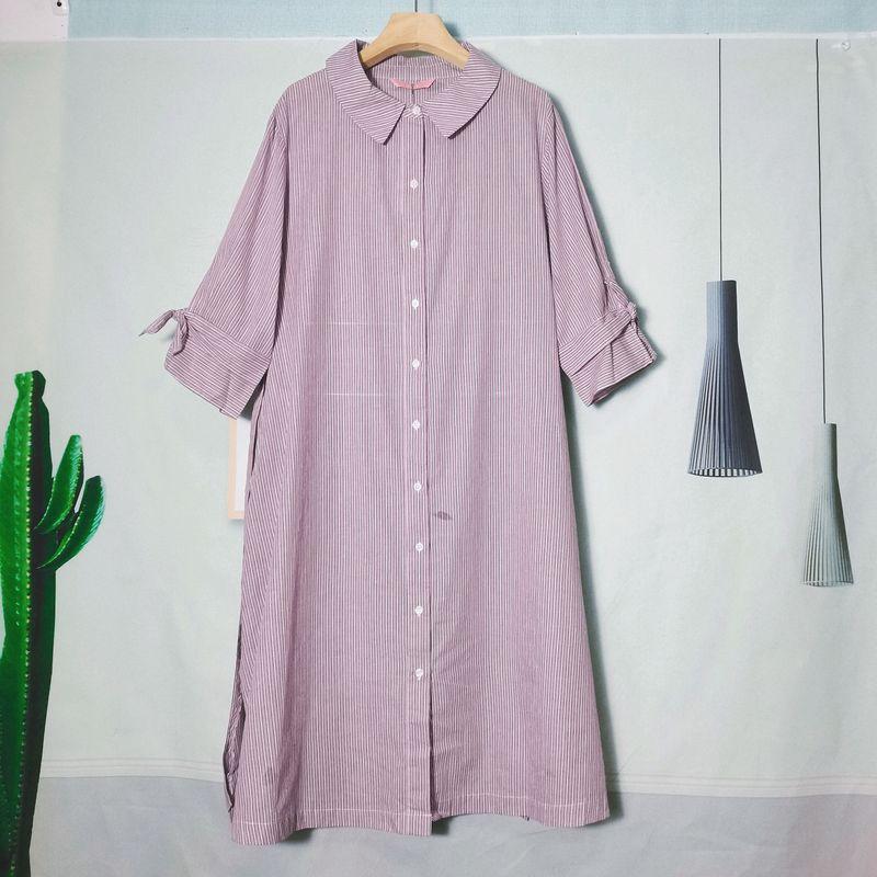 

Export Export South Korea Original Order Cotton Cropped Sleeves Stripes Shirt Dress Pocket Dress Belt Waist Slimming Lotus root starch color Stripes 55