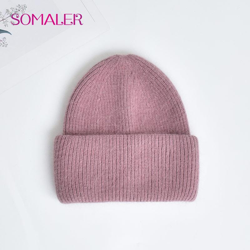 SOMALER Wide Cuff Knit Hats for Women Winter Angora Wool Blend Beanie Soft Warm High Quality Ski Caps