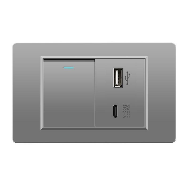 118 Type Switch Six-Hole Gray Wall Socket with Type-C 20W, Thai Style & PC Panel, Taiwan Socket