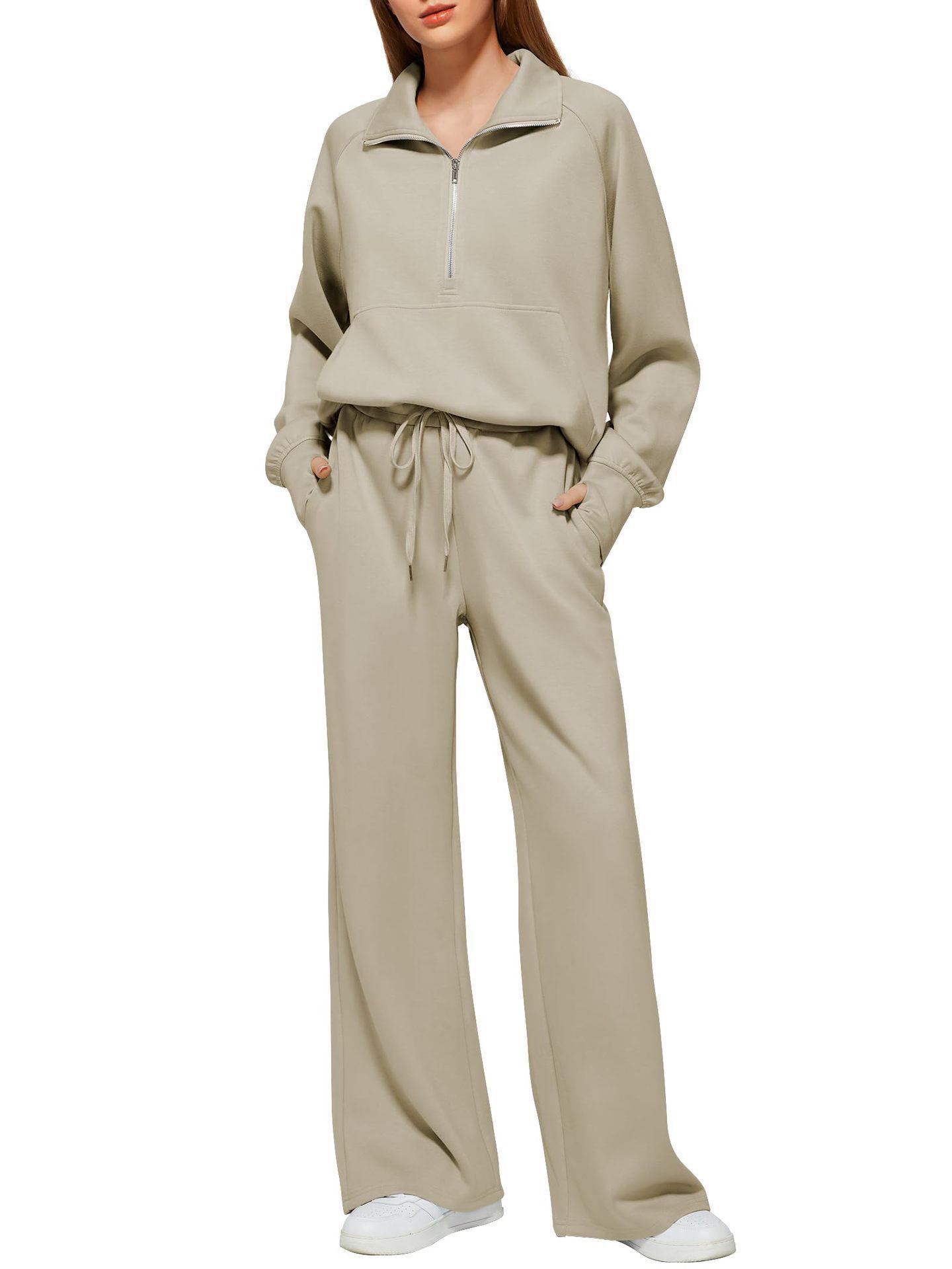 Women s Sporty Casual 2025 Half-Zip Top & Wide-Leg Pants Two-Piece Set Small