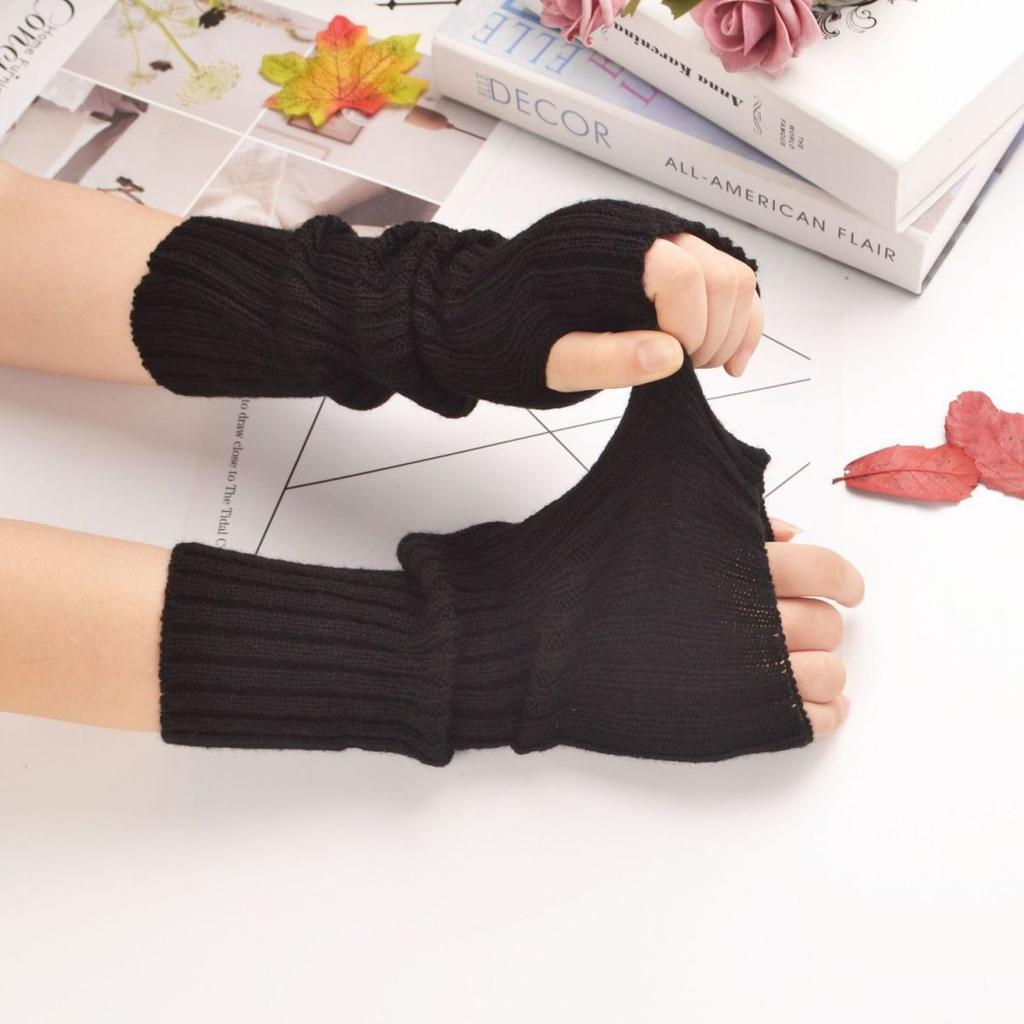 Women Long Fingerless Gloves Knitted Mittens Winter Arm Warmer Punk Gothic DIY Knitting Glove Y2K Girls Solid Gloves Arm Sleeves