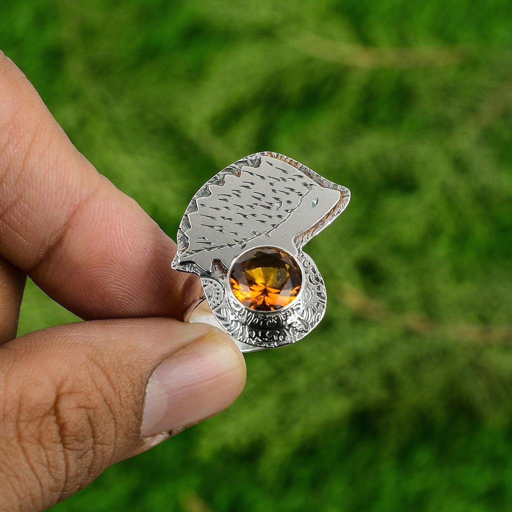 Round Natural Citrine Stackable Statement Handcrafted Wife Ring Sterling Silver