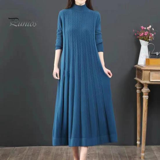 Winter Sweater Pleated Midi Dress Women Fall Knitted A-line Loose Hem Solid Color High Collar Autumn Neck Protection Thick Warm Long Sleeve