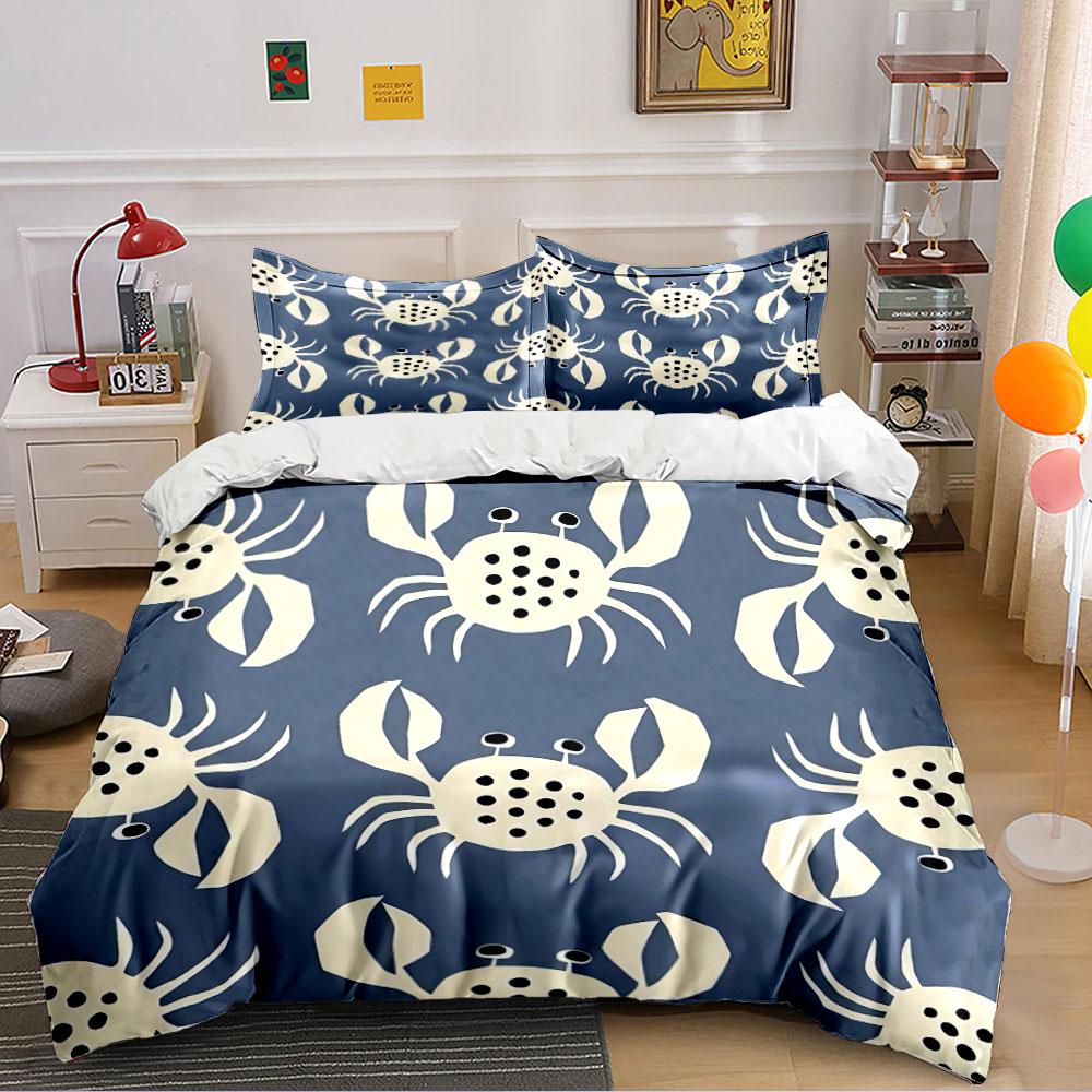 Crab Pattern Blue Background Bedding Duvet Cover Set Duvet Cover Pillowcases (1*Duvet Cover 2*Pillowcases, Without Duvet Insert)