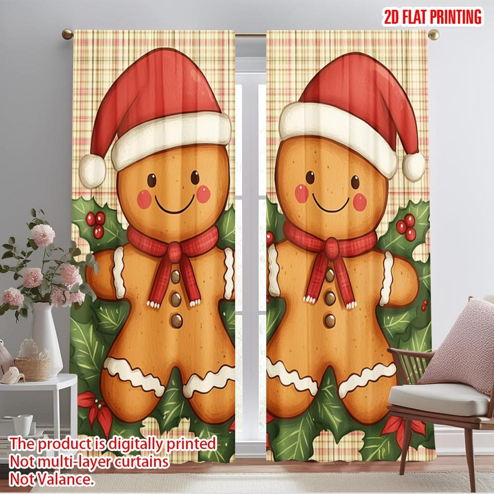 

2pcs,2D plane printing Window Curtain Cute Gingerbread Couple Christmas Holly (3) Versatile Polyester (without rod) Decorations 52.50×116.00 CM 2pcs