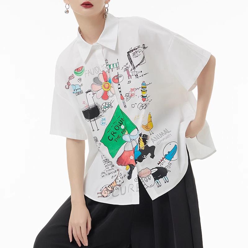 DIMANAF 2024 Plus velikost Nová halenka v letním stylu Vintage Retro design Krátký rukáv Barevný potisk Ležérní košile Ženy Volná košile s potiskem