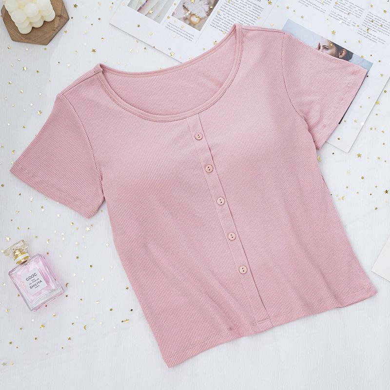 Ribbed Cropped Bodycon T-Shirt with Built-in Bra Pads and Fixed Short Sleeves