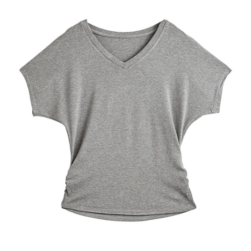 Summer Korean bat sleeves loose lazy wind front shoulder short-sleeved T-shirt women's solid color V-neck versatile casual bottoming shirt