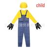 Kids' Cute Yellow Character Costume with Big Eyes, Overalls, Long Sleeves, Hat, and Gloves.