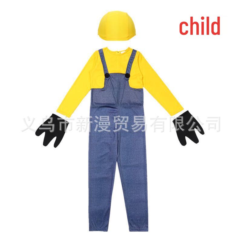Kids' Cute Yellow Character Costume with Big Eyes, Overalls, Long Sleeves, Hat, and Gloves.
