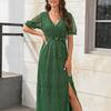 Women V Neck Wrap Maxi Dress Waist Belted Side Slit Pure Color Gold Stamping Short Sleeves Dress