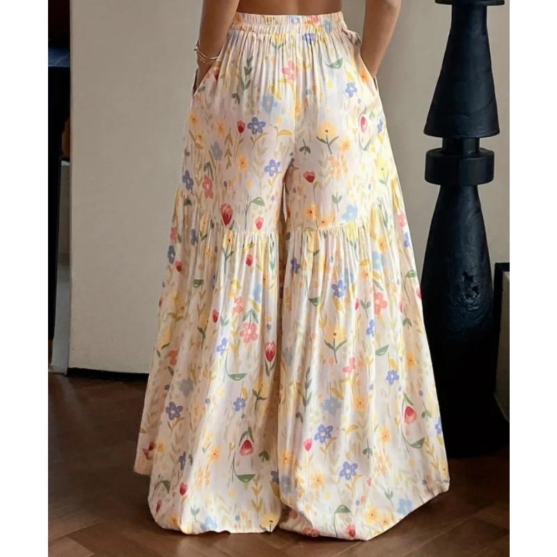 Summer Floral Pants Women's High Waist Loose Thin Wide Leg Elegant Skinny Versatile Straight Pants Trousers
