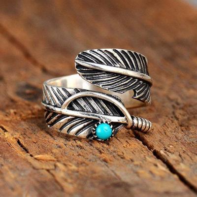 Western Turquoise Rings for Women Adjustable Green Stone Feather Ring Retro Open Ring for Mom Wife Daughter