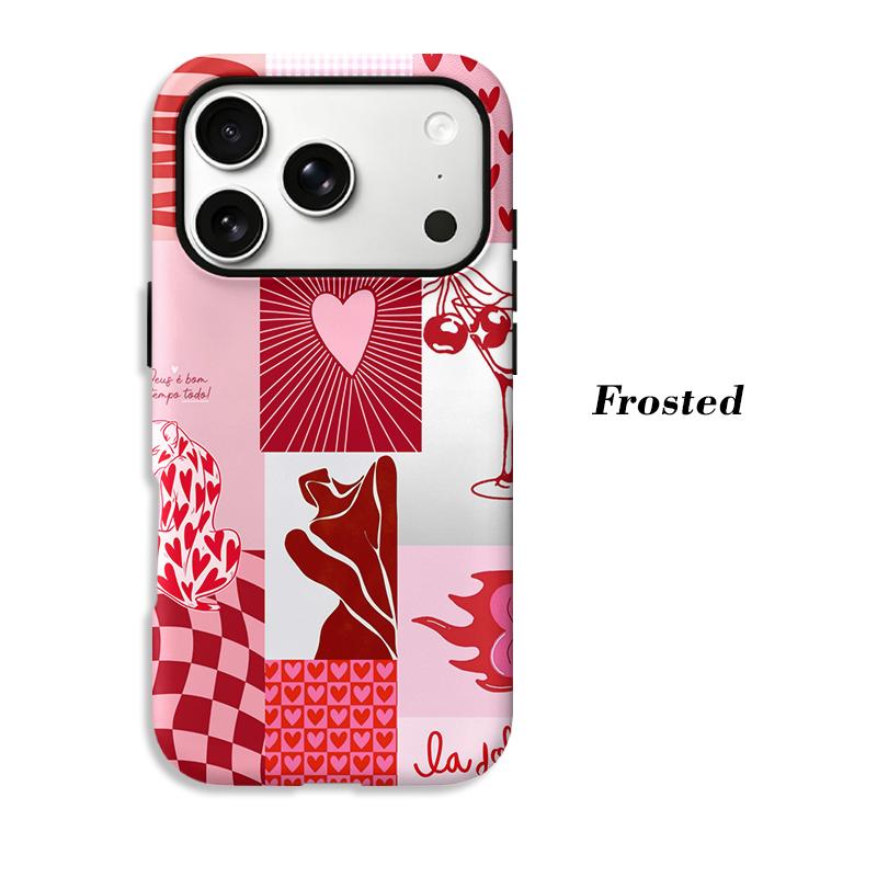 Pink Red Heart Cherry Checkered Collage Print Soft Silicone Phone Case Valentine Retro Shockproof Cover For iPhone 17 16 15 14 13 12 11 Pro Max