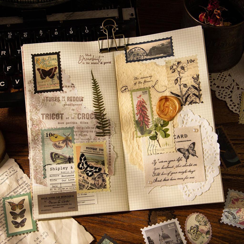 50 Pcs/pack Vintage Bronzing Stamp Style Stickers Decorative DIY Scrapbooking Diary Album Collage Material Junk Journal Supplies