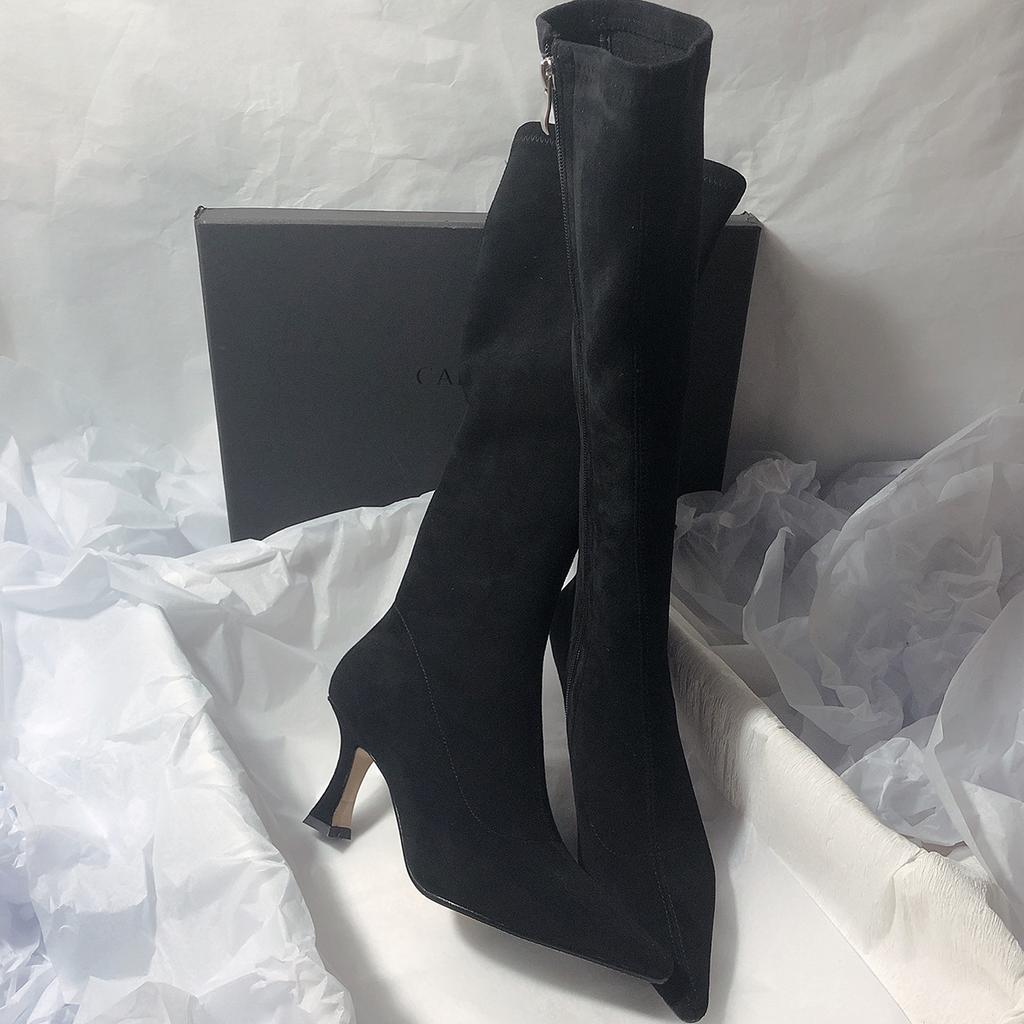 Korean version of simple boots but knee elastic boots frosted side zipper pointed high heel boots