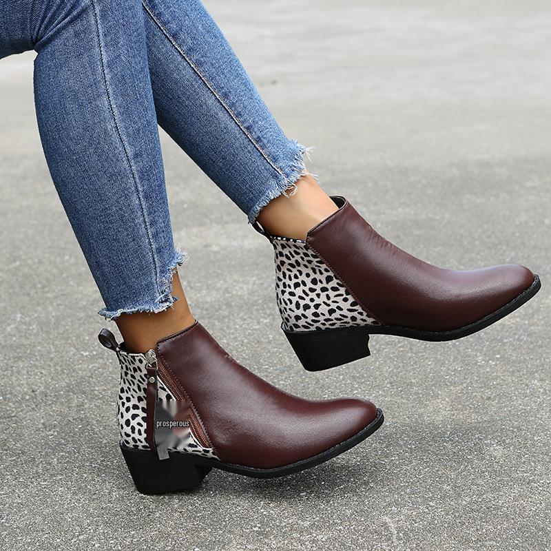 Übergröße Leo-Print & Nude Spitz zulaufende Stiefeletten mit Seitenreißverschluss - Damen Lederstiefel für Herbst/Winter 2021