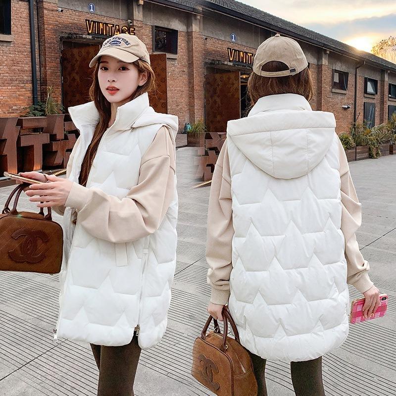 New down cotton side split vest women's medium and long loose hooded vest outer wear vest