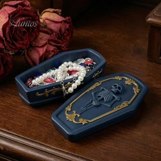Skull Storage Organizer Gothic Casket Jewelry Box, Resin Spooky Figurine for Tabletop Rings, Halloween Dark Organizer, Unique Gift Goth Lovers