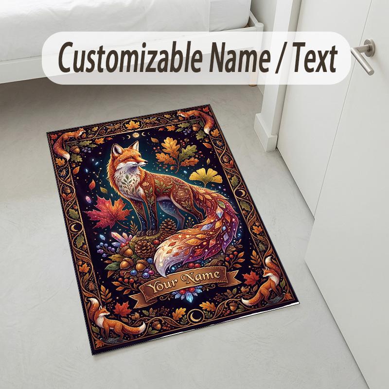 Autumn Fox Theme Soft Crystal Velvet Rug Custom Name & Text Print Non Slip Floor Rug for Bedroom Living Room