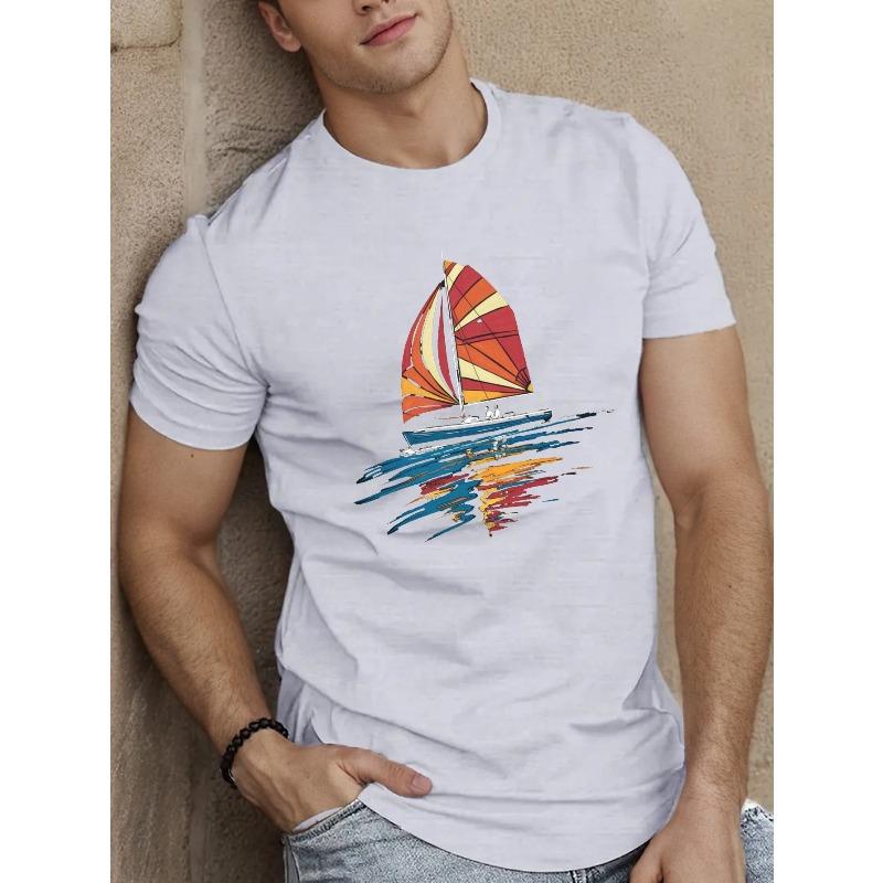 Pánská strečová trička s potiskem, neformální pohodlná letní topy s krátkým rukávem a kulatým výstřihem, inspirovaná designem evropské velikosti plachetnice s živými plachtami