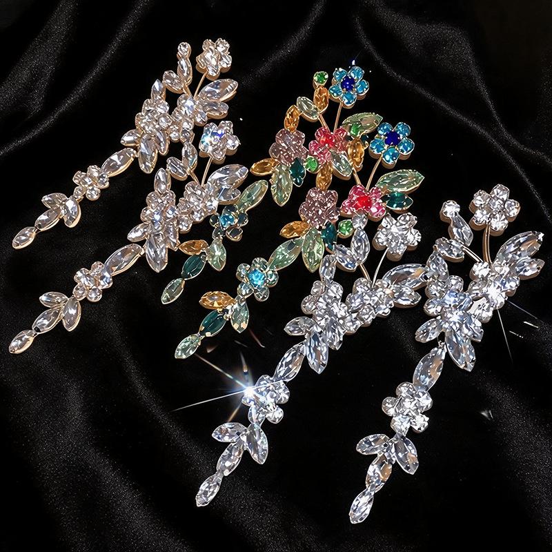 Silver Needle Rhinestone Flower Tassel Stud Earrings - Elegant European & American Design for Women