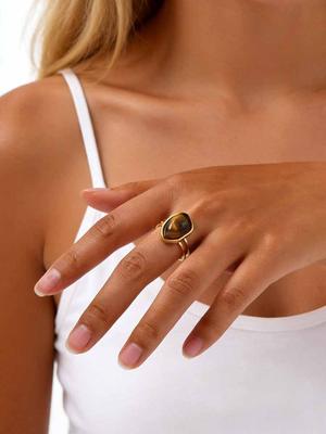 Tiger Eye Ring Geometric Natural Stone Stainless Steel Adjustable Open Double Layer Ring Women