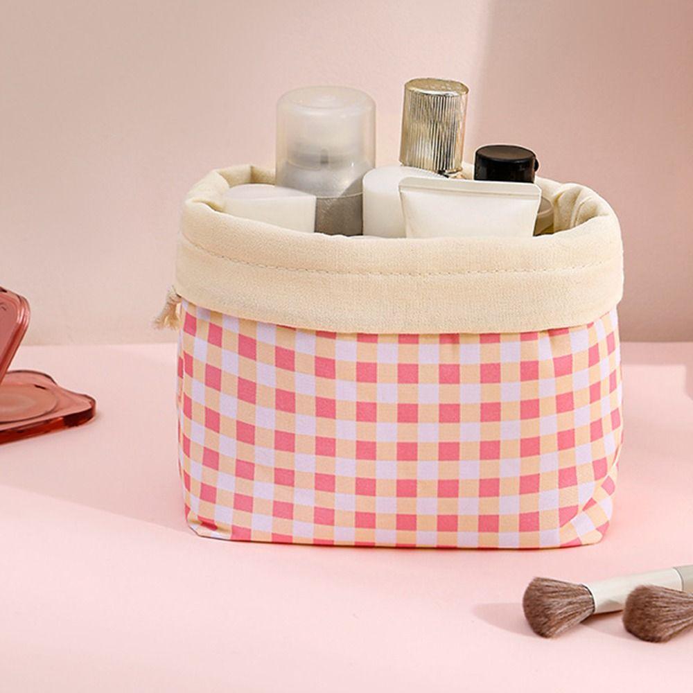 Plaid Pattern Drawstring Cosmetic Organizer Portable Drawstring Storage Pouch Sundries Storage