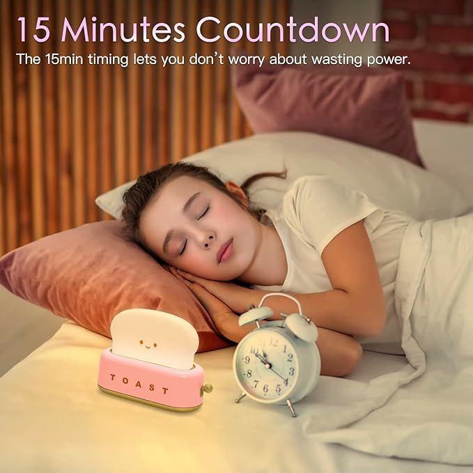 Plastic Cute Toast Night Lamp for Kids | Rechargeable LED Bedside Table Light with Smile Face | Kawaii Desk Lamp for Bedroom, Nursery, Stud