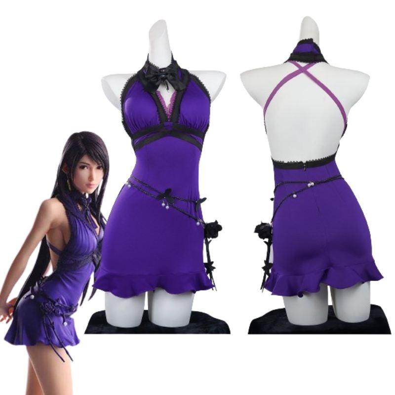 Elegant Fantasy Tifa Purple Dress Cosplay Outfit For Game Role Play In Polyester
