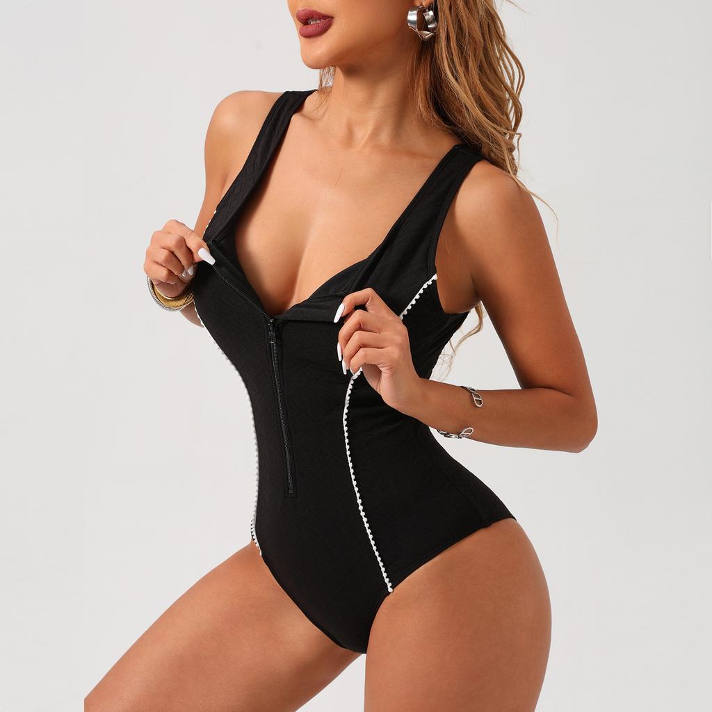 Bañador Monokini de Mujer con Cremallera Frontal, Traje de Baño de una Pieza, Ropa de Baño Modesta con Control de Abdomen