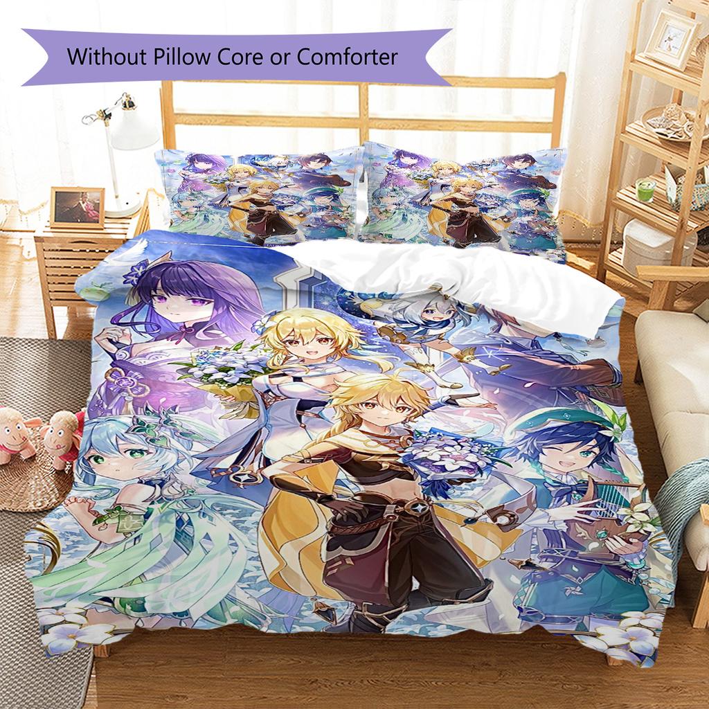 Genshin Impact Pattern Bedding Set Quilt Cover Pillowcase Home Decor Gift (1 * Duvet Cover + 2 * Pillowcase, Without Core)