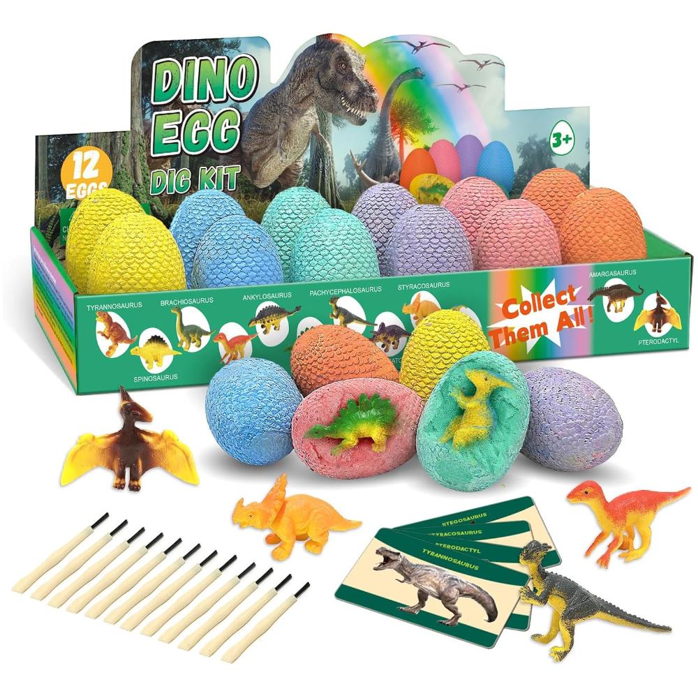 12Pack Easter Dino Egg Dig Kit, Dinosaur Excavation Toy with Tools & Learning Cards, STEM Archaeology Science Set, Easter Party