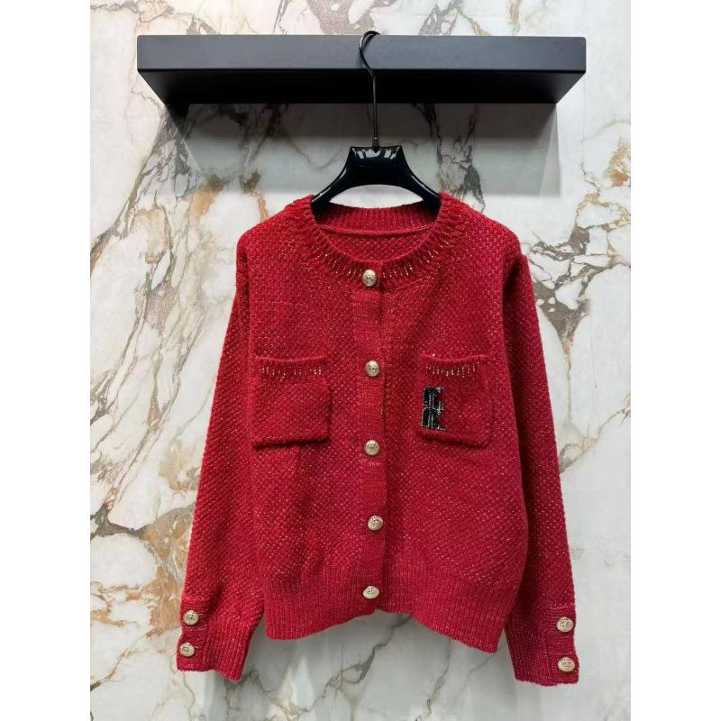 Miu Style 2025 Autumn/Winter New Arrival Letter Pocket Round Neck Single-Breasted Loose Cardigan Sweater