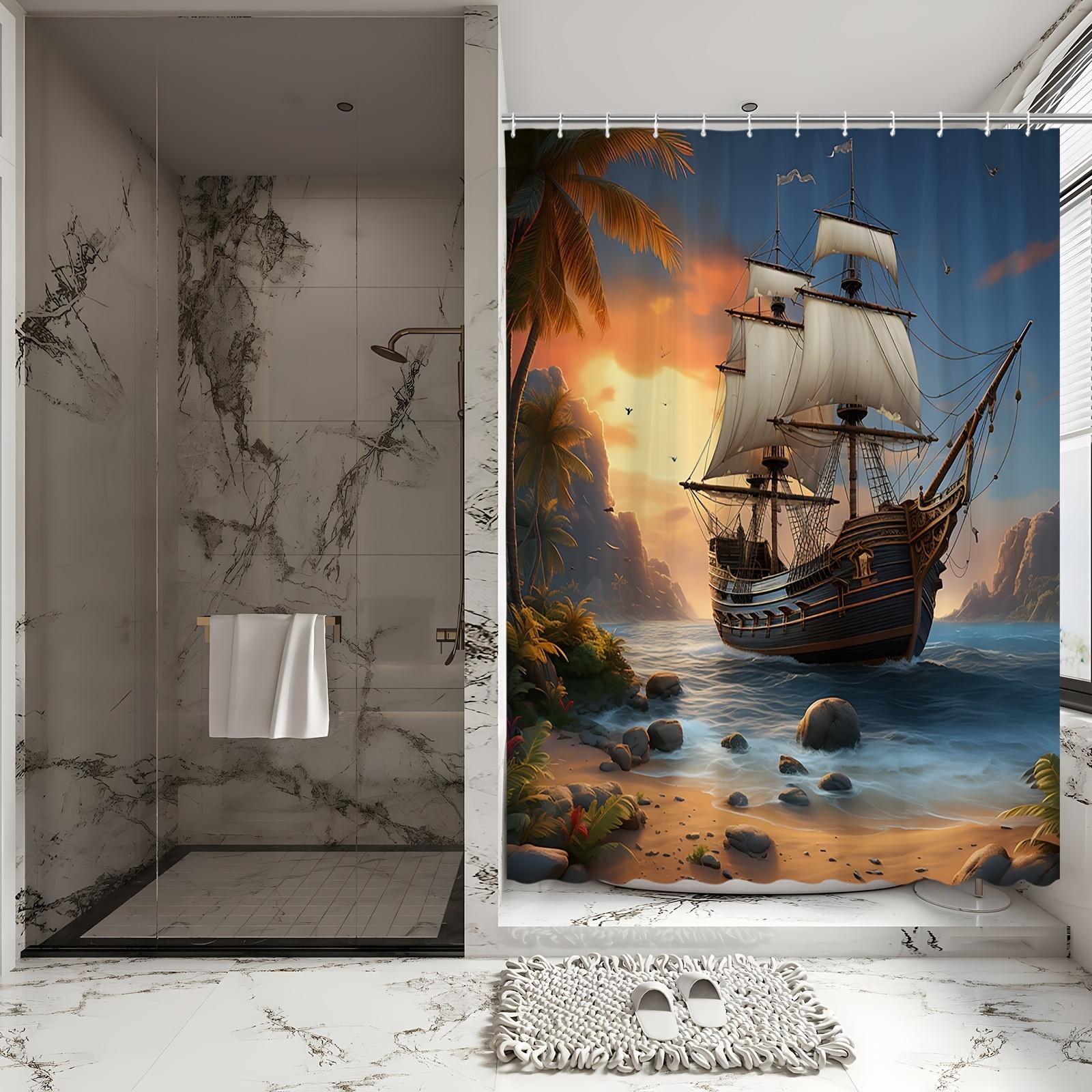 

Pirate Ship Sunset Shower Curtain - Tropical Island & Ocean Theme For Bathroom Decor, Adds Adventure And Serenity W60H190(CM)-1 Pcs