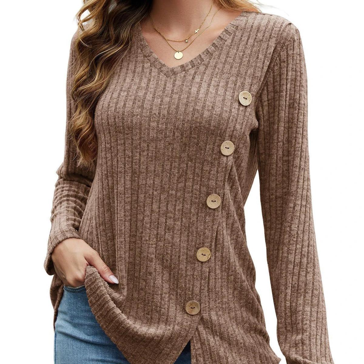 

Fashion Women s New V-neck Buttons Slit Loose Long-sleeved T-shirt Top Slanted Buttons S хакі