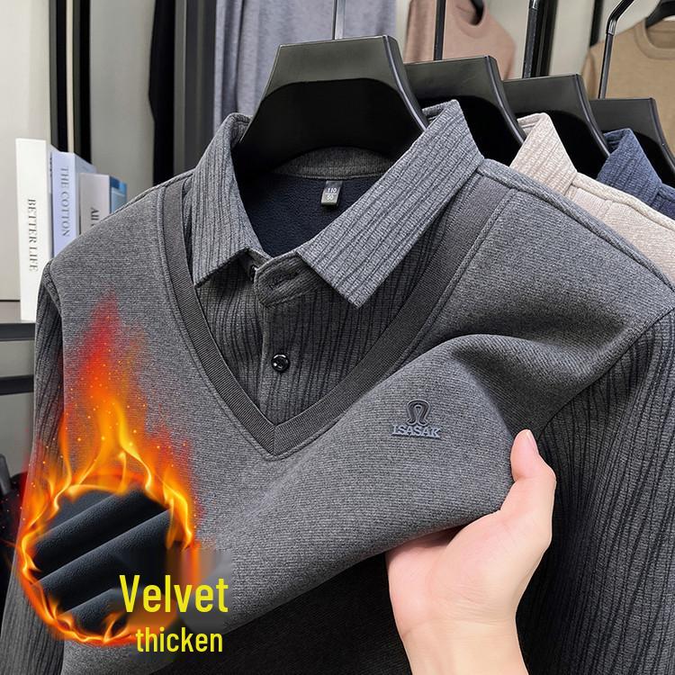 2025 Winter Men's Faux Two-Piece Sweater: New Thick Knit with Shirt Collar and Warm Velvet Layer