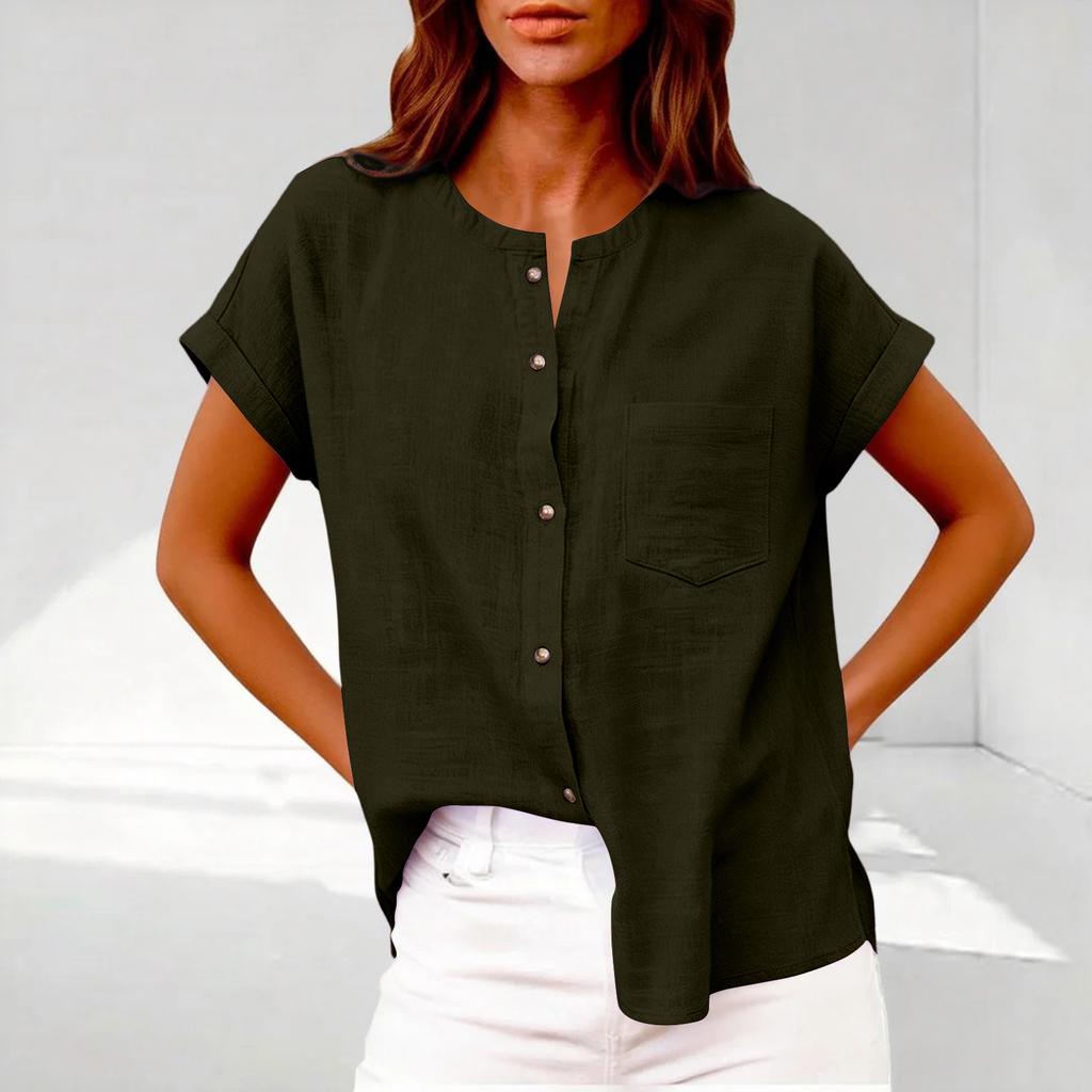Women's Fashionable Loose-Fit Casual Shirt Button-Up Short-Sleeve Cotton-Linen Blend Top