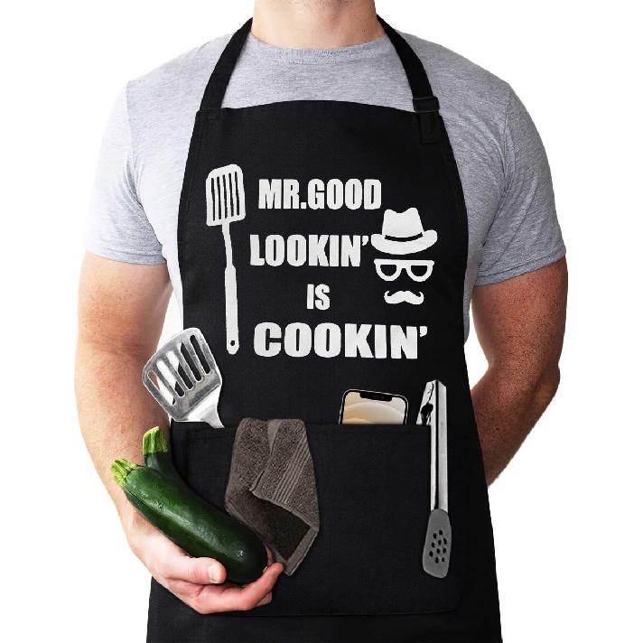 Aprons for Men, Mens Apron, Funny Chef Aprons for Men, Mr. Good Lookin' is Cookin’, Use for BBQ Grill Father's Day and Husband Birthday Gifts for