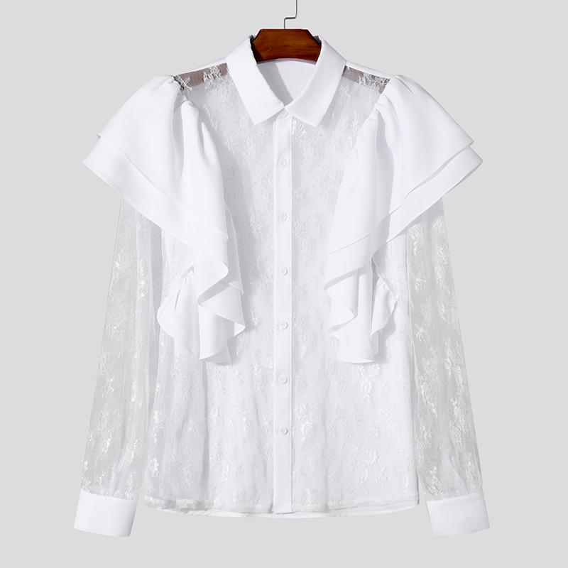 

INCERUN Чоловічі футболки з лацканами, рюшами, довгими рукавами та мереживом, повсякденні клаптеві топи S білий