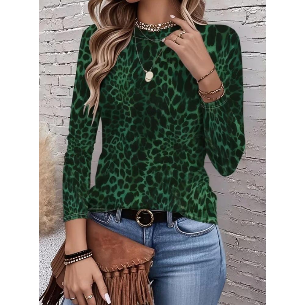 Tops for Women Leopard Print Print Round Neck Long Sleeve T-shirt Fall Casual Slim Pullover Women's Long Sleeve Top