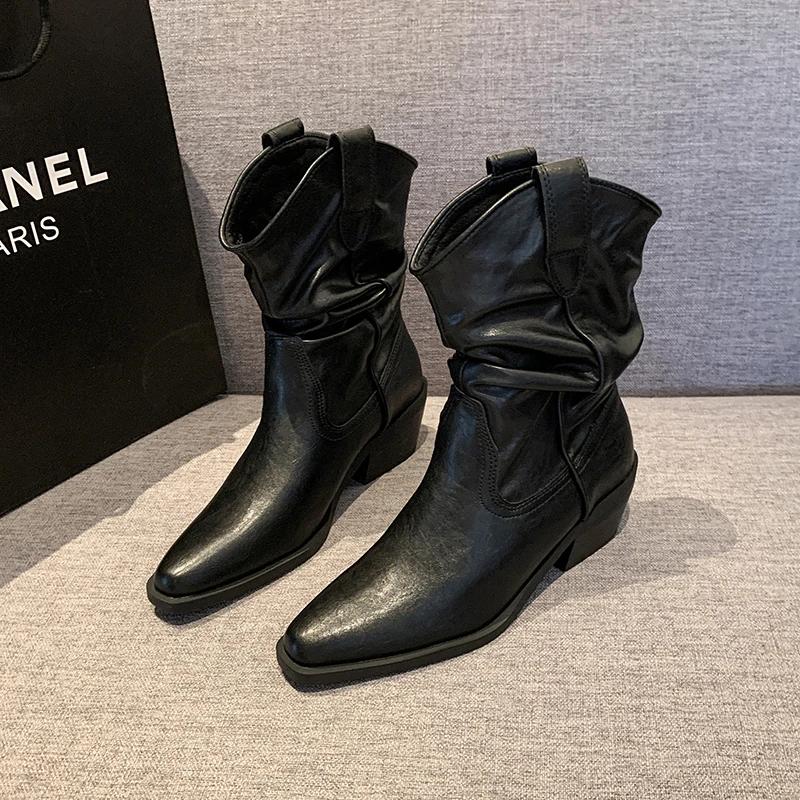 

Женские полусапоги Дизайнерские плиссированные кожаные сапоги Массивный каблук Сапоги в западном ковбойском стиле Остроносые ботинки челси для женщин Сапоги рыцаря 35