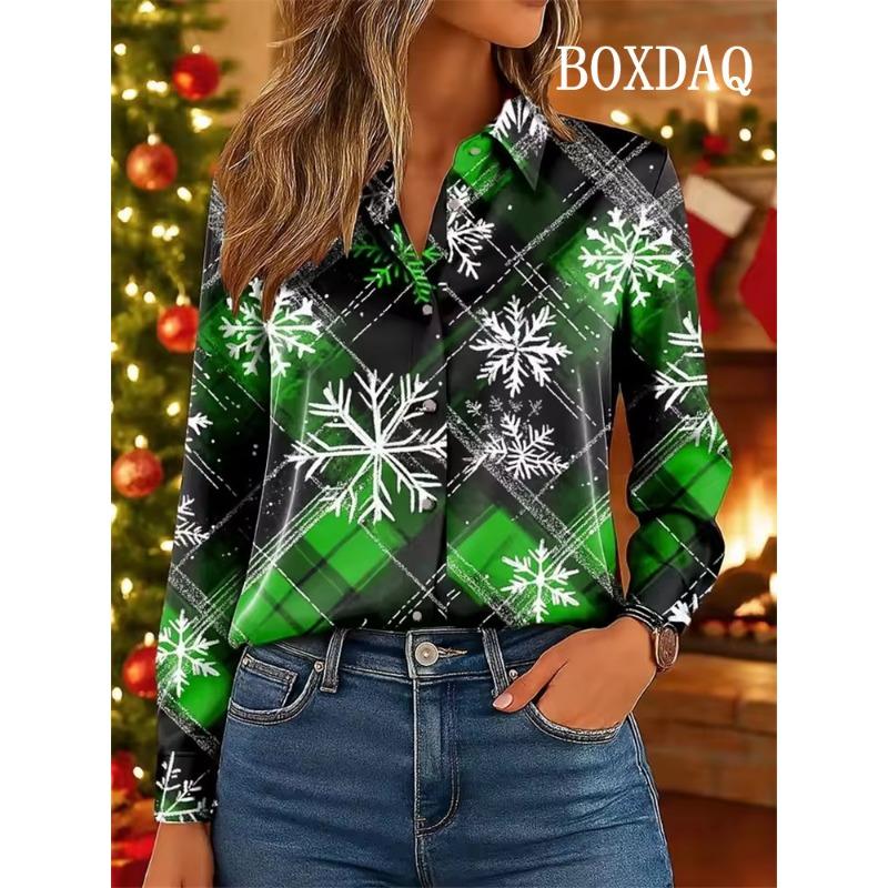 Christmas Women's Plaid Snowflake Blouse Elegant Shirt Fashion Casual 3D Print X-Mas Party Wear Autumn Long Sleeve Tops