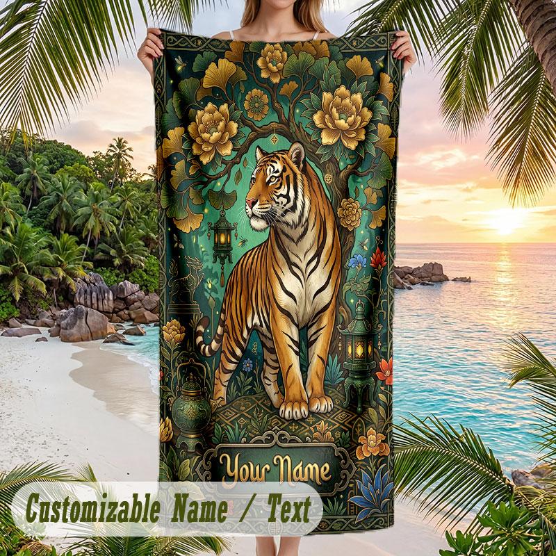 Tigers Majesty Lanterns Theme Quick Dry Beach Towel Custom Name Text Print Large Sand Resistant Towel Beach Vacation