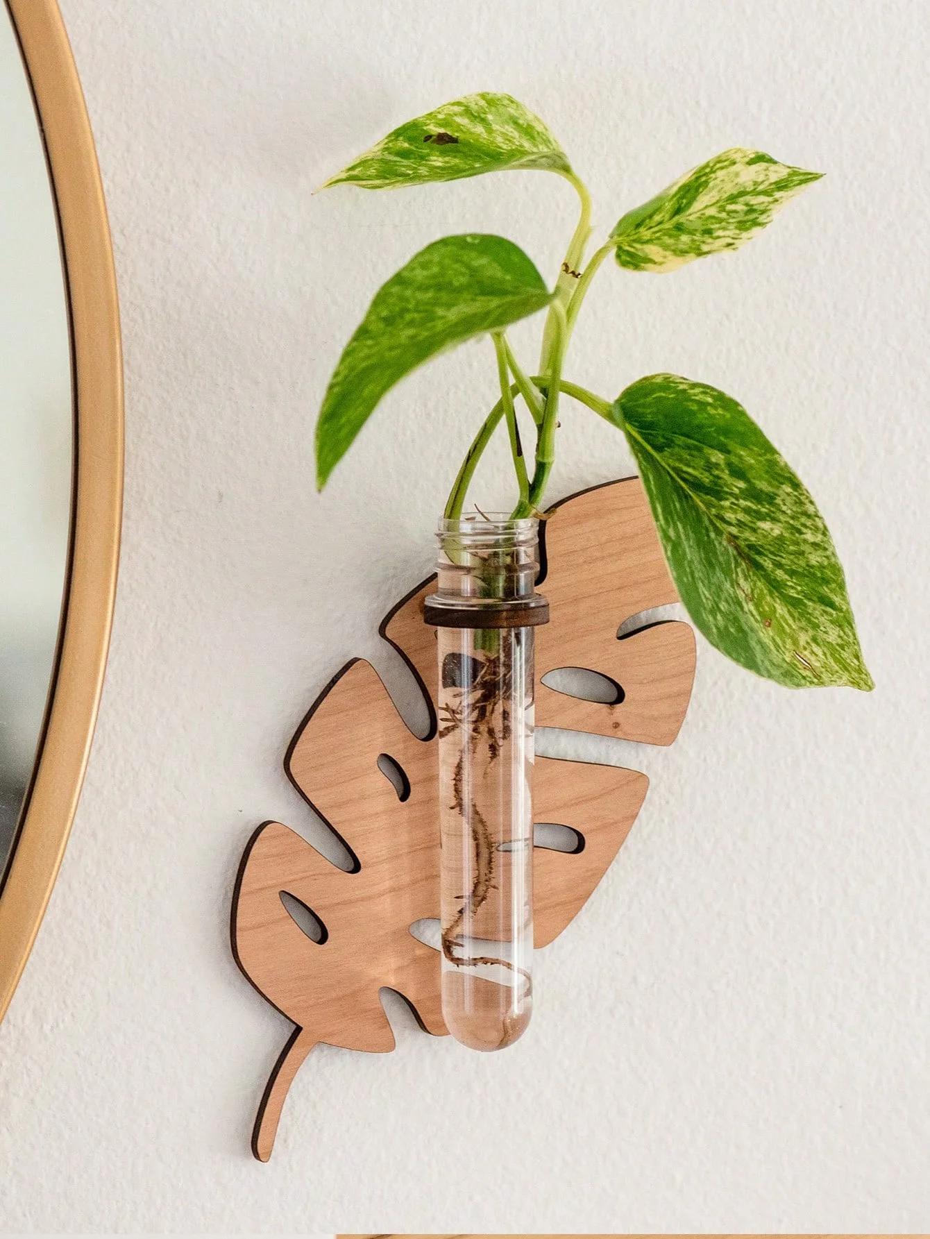 

1/2 Pcs Leaf Shape Wall Planters Wooden Wall Hanging Plant Pots with Test Tube Vase Indoor Propagation Station Home Garden Decor