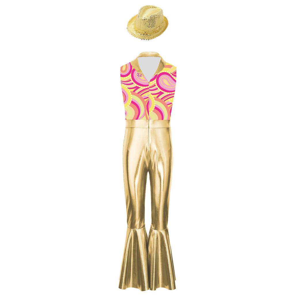 Boys Disco Metallic Glossy Sleeveless Print Patchwork Long Flare Pants Jumpsuit Sequins Fedora Hat